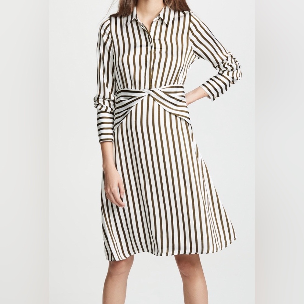 White dress with olive green stripes